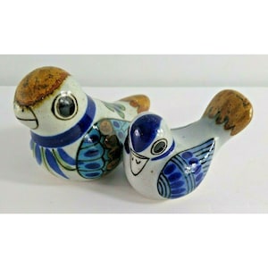 Tonala Birds Set Of 2 Mexico Art Pottery Signed Folk Art 3.5&quot; 2.5&quot; Vintage Blue