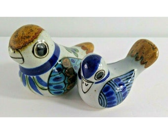 Tonala Birds Set Of 2 Mexico Art Pottery Signed Folk Art 3.5" 2.5" Vintage Blue