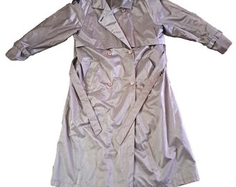 VTG Women&#39;s British Mist Trench Coat Silver Metallic 80s Retro Belted Lined 10