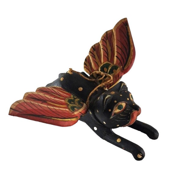 Winged Cat Ornament Wood Red White Blue Rustic Primitive Art Polka Dot 7.5"