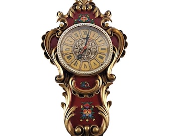 Horloge murale vintage florale, or rouge, style Louis XV, élégante, non testée