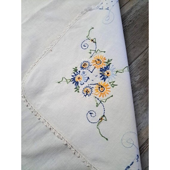 ヴィンテージ スクエア テーブルクロス 刺繍入り ブルー ラティス