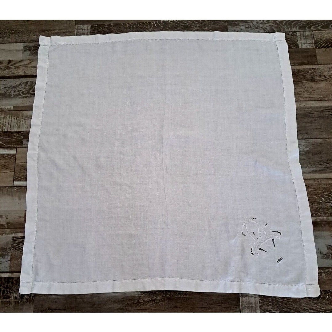 Vintage White Linen Tablecloth Square Embroidered Floral Etsy