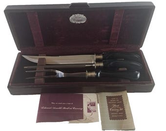 Vintage Flint Carving Knife Set Black Bakelite Handles Vanadium Sharpener Case
