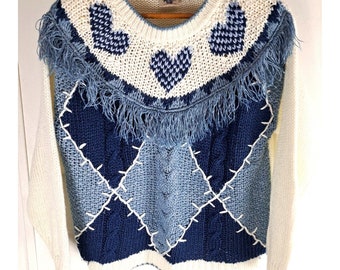 Womens Vintage Sweater Hand Knit 80s Fringe Blue White Hearts Shoulder Pads M
