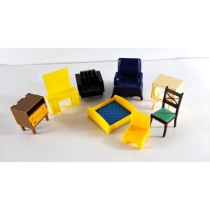 Vintage Plastic Dollhouse Furniture Lot Of 8 TV Bed Armchairs Dresser Chairs