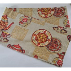 Vintage Window Valance Beige Red Tea Pot Cups Pary Cottage Handmade 82x11