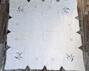 ヴィンテージ スクエア テーブルクロス 刺繍入り ブルー ピンク 花