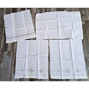 Vintage Woven Hemstitch Tea Placemats Towels Set of 4 White Embroidered Cottage