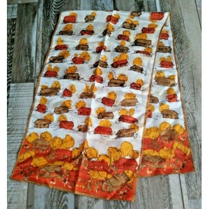 Vintage Womens Scarf Japan White Orange Houses Village Rectangular Retro 60s 70s