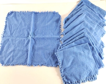 Vintage Linen Cloth Napkins Blue W Fringe Set Of 11 Mid Century Shabby Chic Boho