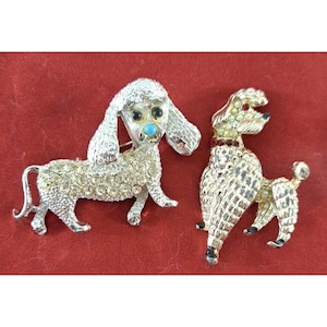 Vintage Poodle Dog Brooch Lot 2 Pc Silver Tone Rhinestones Sparkly Retro READ