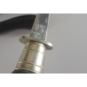 May include: Close-up of a silver knife with a black handle. The blade is engraved with "FLINTI" and "STAINLESS USA".