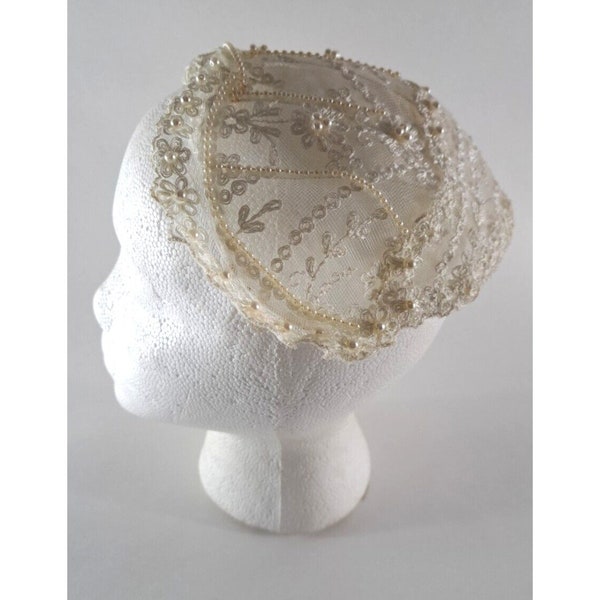 Vintage Womens Skullcap Hat Wedding Bonnet White Mesh Faux Pearls Elegant