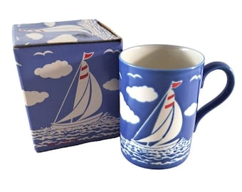 NEW Vintage Sailboat Coffee Mug Cup W Box 1990s Beach House Nautical Korea