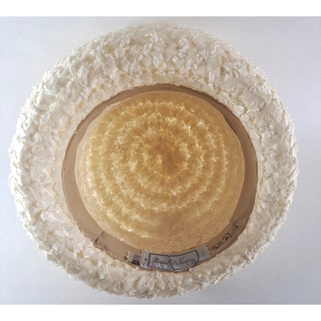Vintage Marshall Fields Womens White Straw Hat Bow Band 