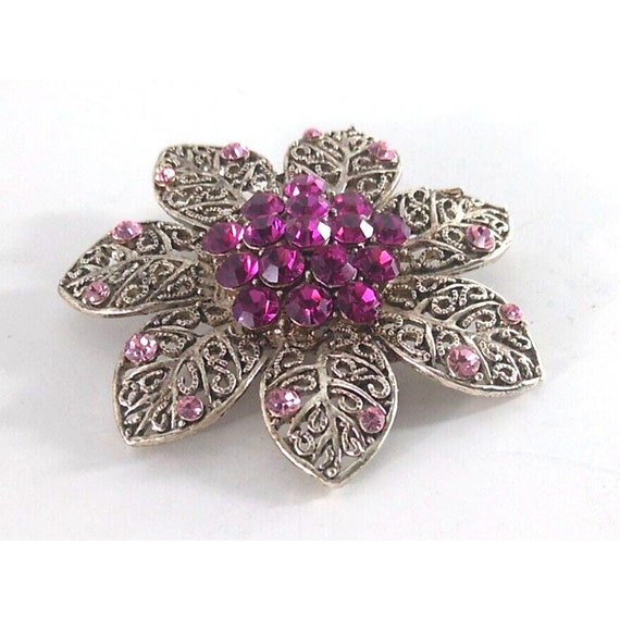 Vintage Brooch Pin Flower Hot Pink Rhinestone Clu… - image 2