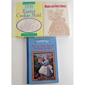 Longaberger VTG Easter Bunny Cookie Molds & Book New Mama Baby Grandpa Herbie