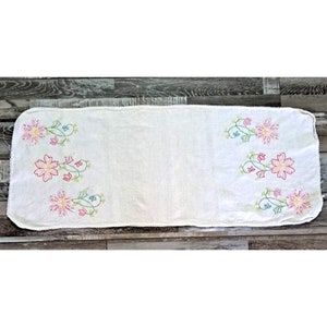 Vintage Table Runner Hand Stitched Flowers Cottage Country Farmhouse  38x15