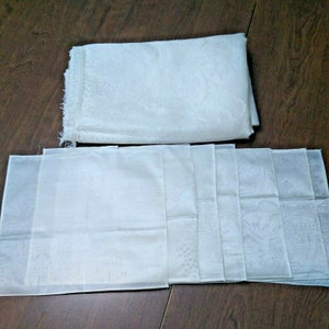 Vintage White Asian Scene Damask Brocade Tablecloth W Matching Napkins Fringe