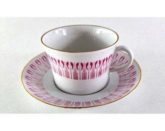 VTG Upsala Ekeby Tea Cup W Saucer Karlskrona Sweden 5689 Gold Trim Pink White