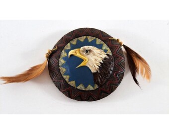 Mens Belt Buckle Round Eagle Head W Feathers Pottery Large 4" Southwest