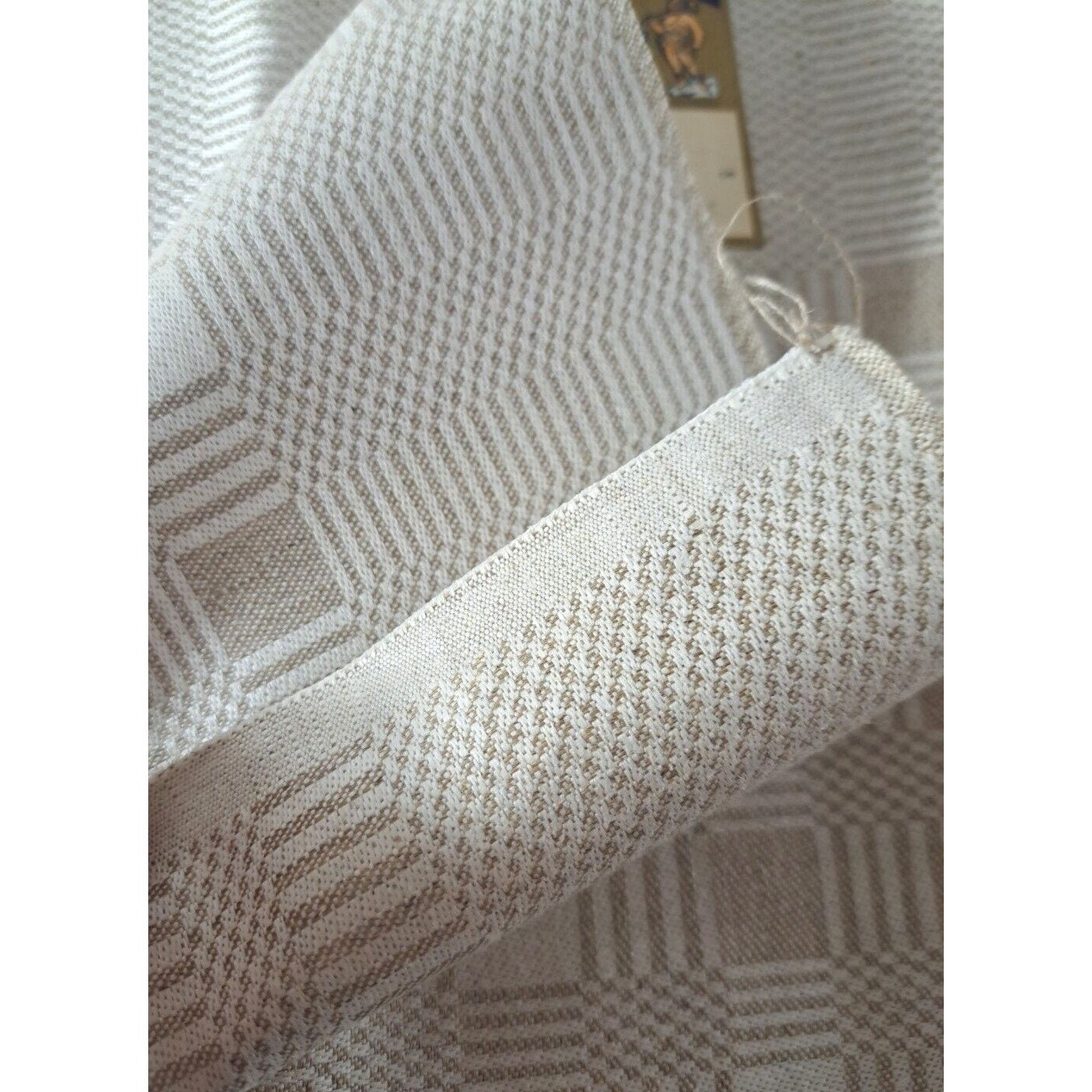 Vintage Linen Fabric Material Sweden Beige Abstract Checks