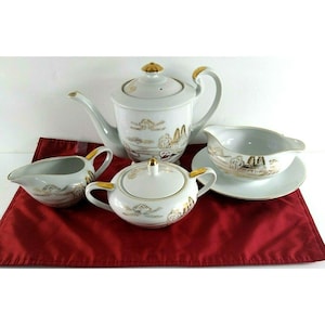 Hayasi Kutani Teapot Set Japan Creamer Sugar Waste Bowl Gold Fuji Countryside