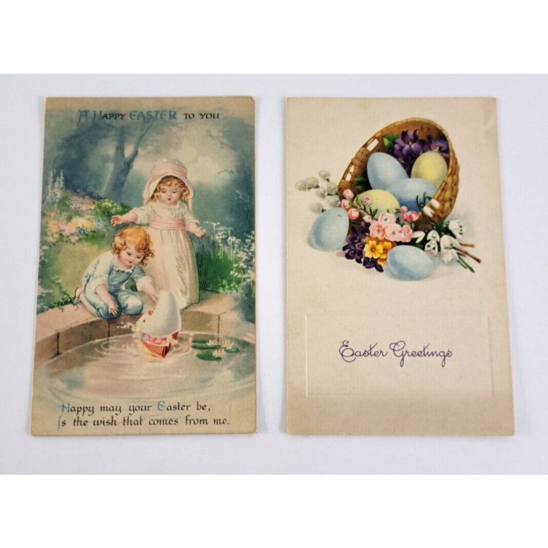 Antique Easter Postcards Lot of 2 Eggs Basket Children Spring Flowers