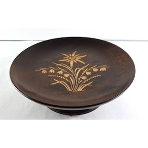 VTG Trinket Tray Pedestal Musical Wood Carved Flower Switzerland Blue Danube