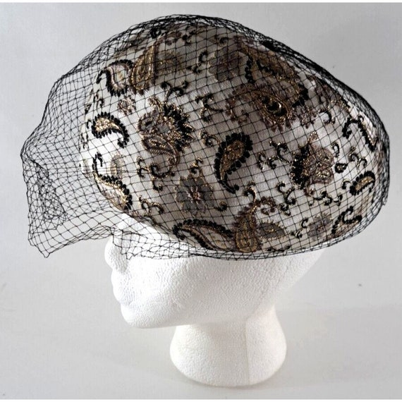 Vintage Womens Hat Black Veil White Paisley Art D… - image 1