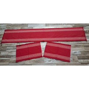 Woven Table Runner & Placemat Set Red White Cotton Farmhouse Shabby Chic
