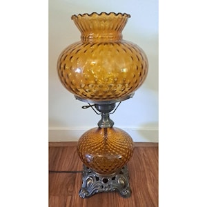 Vintage Amber Glass Hurricane Lamp Gone With The Wind Ruffled Parlor 21&quot;