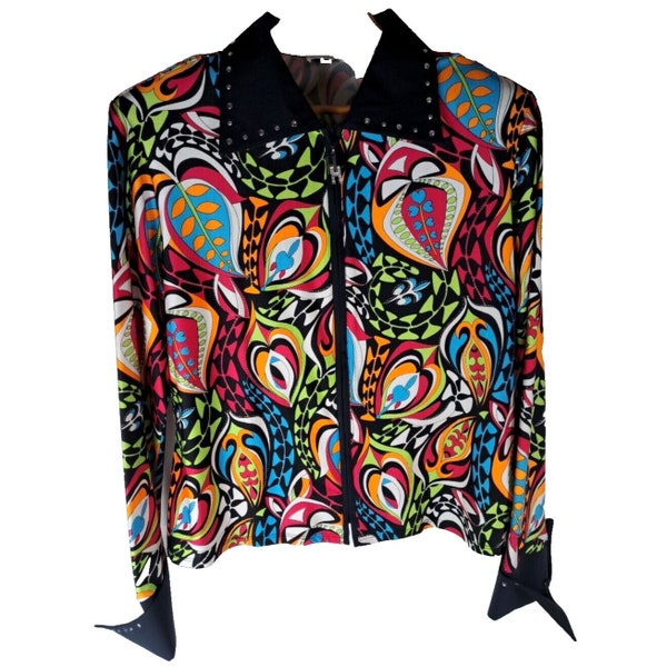 Vintage Womens Crazy Horse Jacket Metallic Colorful Abstract Embellished XL