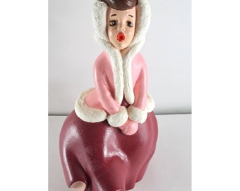 vintage Atlantic Mold Christmas Caroler Girl Pink Hand Painted Ceramic 9"