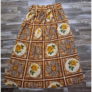 Vintage Pinch Pleated Curtain Panel 1970s Yellow Rose Brown Gold Medallion 24x47