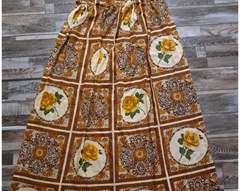 Vintage Pinch Pleated Curtain Panel 1970s Yellow Rose Brown Gold Medallion 24x47