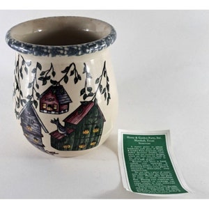 Vintage Home & Garden Party Stoneware Utensil Crock Jar Birdhouses 2000 USA Made