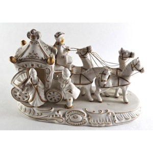 Vintage Bisque Carriage W Lady & Horses Figurine White Porcelain Repaired G126G