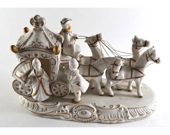 Vintage Bisque Carriage W Lady & Horses Figurine White Porcelain Repaired G126G
