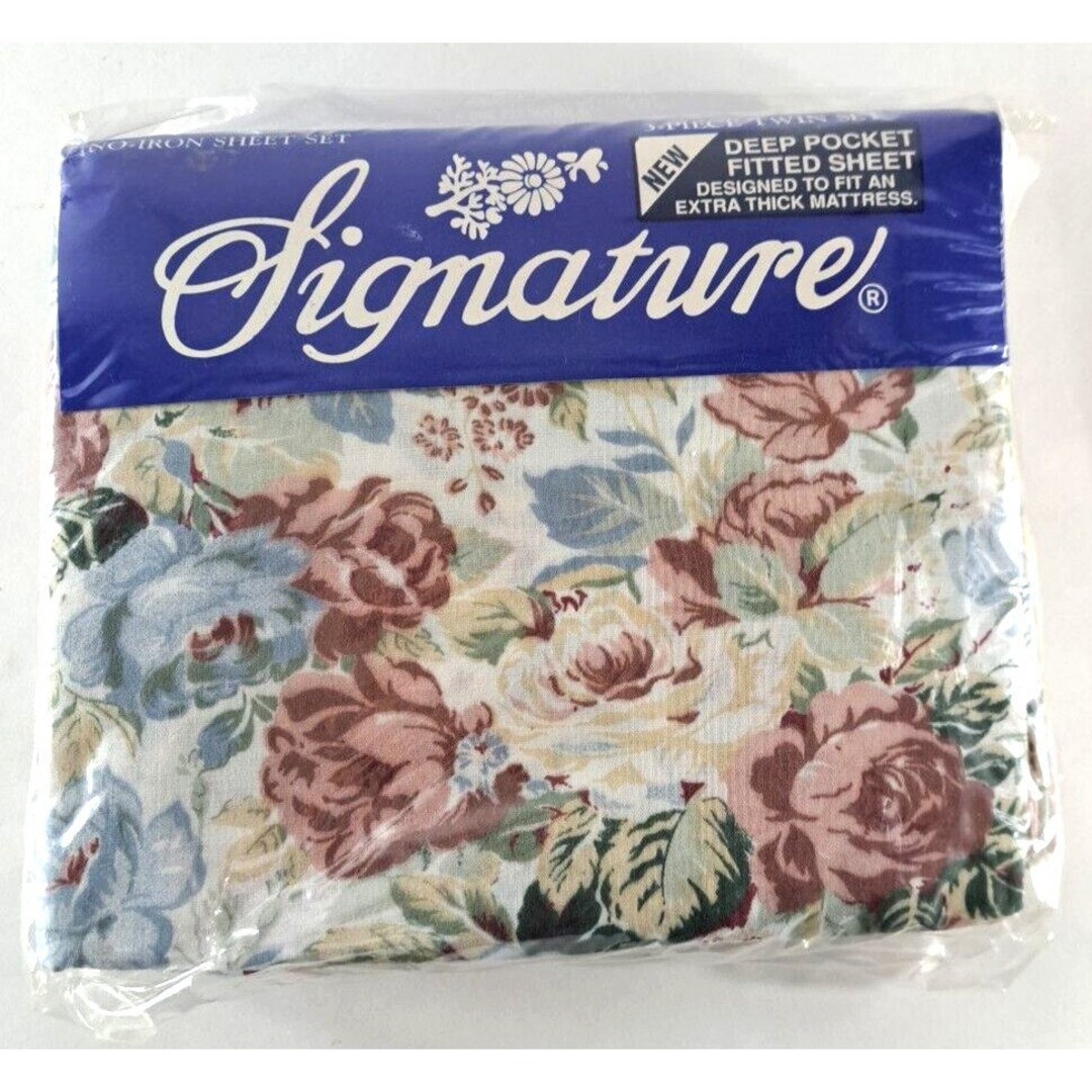 1990s Sheets Vintage Signature Twin Sheet Set Flat Fitted Pillowcase Floral Deep ...