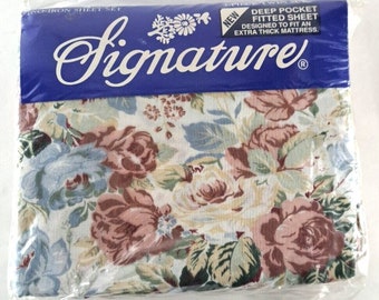 Vintage Signature Twin Sheet Set Flacher Kissenbezug mit Blumenmuster und tiefer Tasche aus den 1990er Jahren