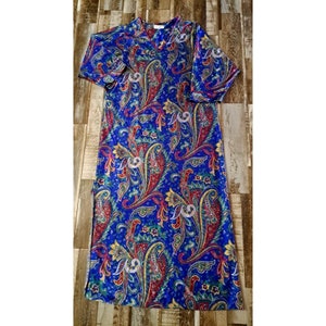 Womens VTG Satin Nightgown Blue Red Paisley 3/4 Sleeves Apostrophe V Neck Large