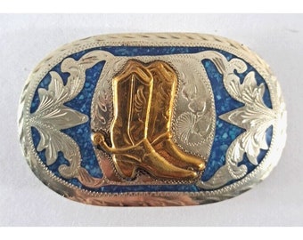 Stivali Western in Metallo Argento Oro con Fibbia per Cintura da Donna Pietra Blu Messico 3,5x2"