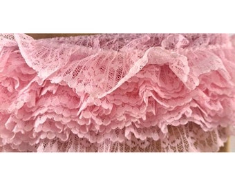 Vintage Pink Lace Fabric Trim Sewing Crafts Floral 1.5" Ruffle 3 Yards DIY