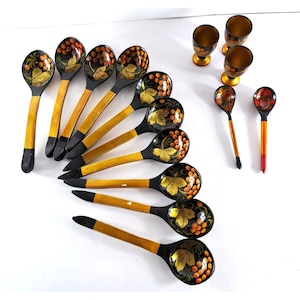 Russian Khokhloma Wood Spoons & Egg Cups Set Hand Painted Wood Folk Art 15 Piece
