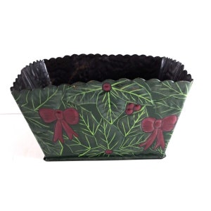 Vintage Hosley Sculptures Christmas Tin Basket Container Holly & Bows 1993