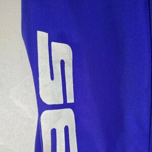 May include: Close-up of a section of blue athletic pants with the white letters "SE" printed vertically. The fabric has a textured appearance.