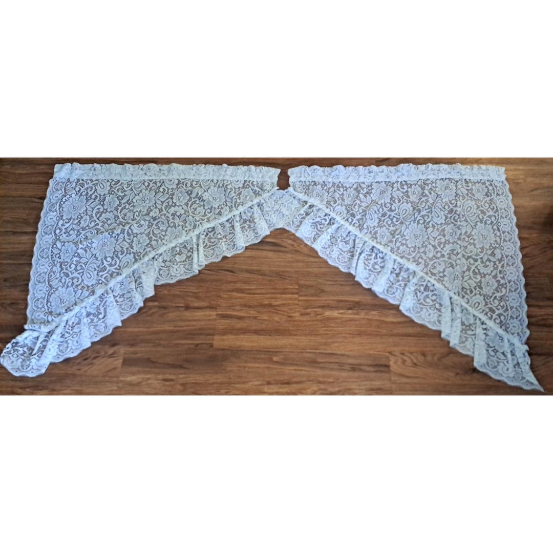 White Lace Swag Curtains Arched Cabbage Rose 2 PC Cottagecore Country ...