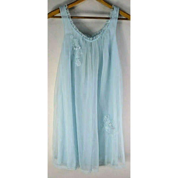 Women's Vintage Vanity Fair Nightie Nightgown Blue Lacy Nylon Sheer Layers XS